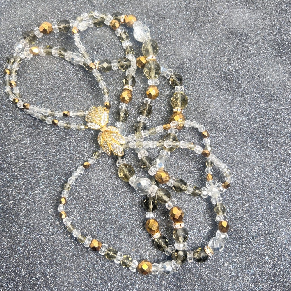 Vtg Choker Necklace 3 Strand Glass Beads Smoky Clear Pavé Rhinestone Leaf Clasp‎